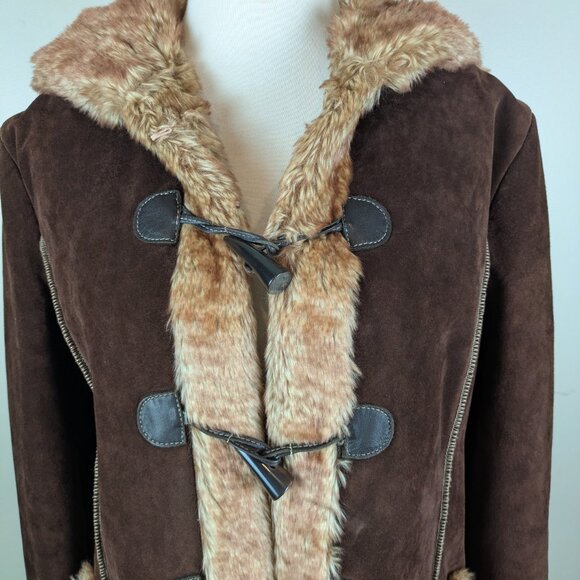 Vintage Y2K Penny Lane Suede Guess Hoodie Hooded Coat w/ Faux Fur Lining L - Picture 2 of 11